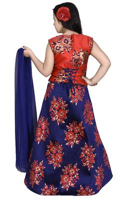 Red Floral Brocade Lehenga With Blue  Choli And Net Dupatta 5