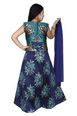 Sea Blue Floral Brocade Lehenga With Blue  Choli And Net Dupatta 4