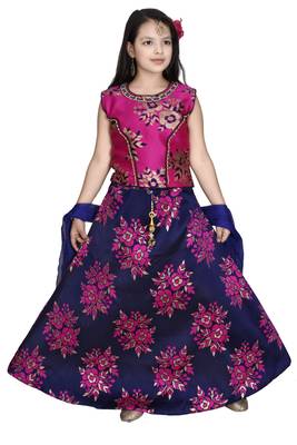 Rani Pink Yellow Floral Brocade Lehenga With Blue  Choli And Net Dupatta 1