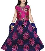 Rani Pink Yellow Floral Brocade Lehenga With Blue  Choli And Net Dupatta