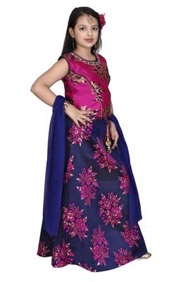 Rani Pink Yellow Floral Brocade Lehenga With Blue  Choli And Net Dupatta 2