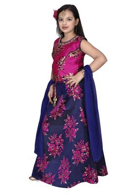 Rani Pink Yellow Floral Brocade Lehenga With Blue  Choli And Net Dupatta 3