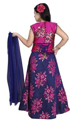 Rani Pink Yellow Floral Brocade Lehenga With Blue  Choli And Net Dupatta 5