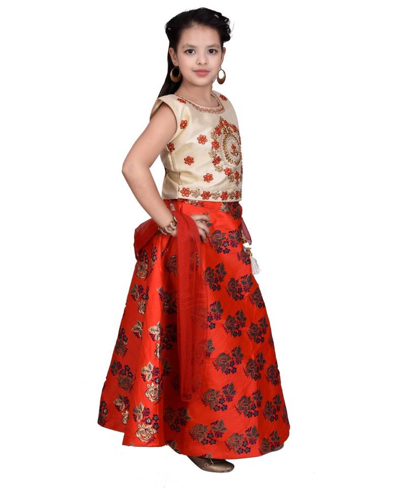 Red Floral Brocade Lehenga With Cream Embroidered Choli And Red Net Dupatta