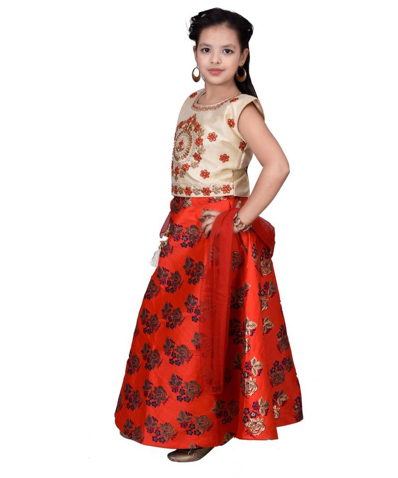 Red Floral Brocade Lehenga With Cream Embroidered Choli And Red Net Dupatta