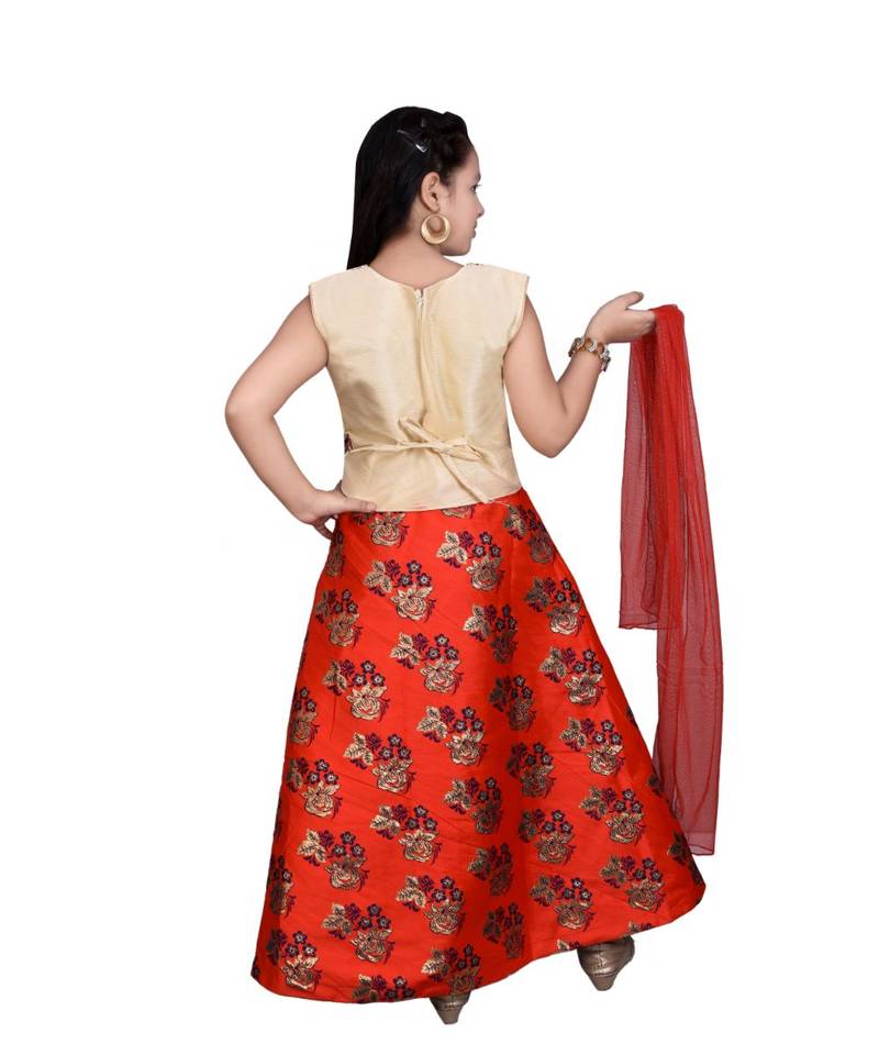 Red Floral Brocade Lehenga With Cream Embroidered Choli And Red Net Dupatta
