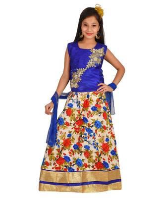 Blue Floral Print Lehenga With Patch Work Choli And Net Dupatta 1