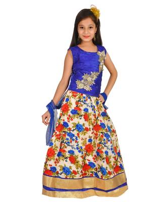 Blue Floral Print Lehenga With Patch Work Choli And Net Dupatta 3