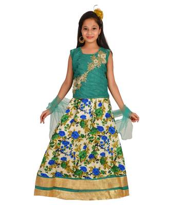 Sea Green Floral Print Lehenga With Patch Work Choli And Net Dupatta 1