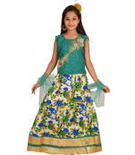 Sea Green Floral Print Lehenga With Patch Work Choli And Net Dupatta