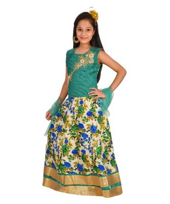 Sea Green Floral Print Lehenga With Patch Work Choli And Net Dupatta 2