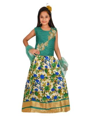Sea Green Floral Print Lehenga With Patch Work Choli And Net Dupatta 3