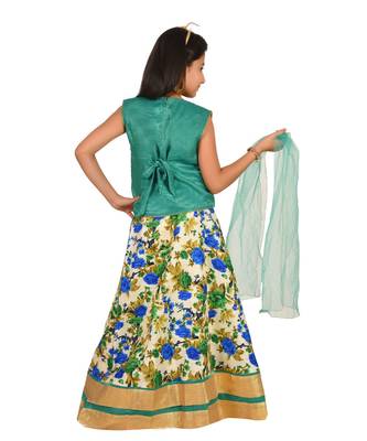 Sea Green Floral Print Lehenga With Patch Work Choli And Net Dupatta 4
