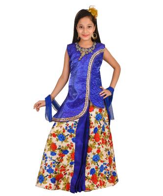 Blue Floral Print Plated Lehenga With Patch Work Choli And Net Dupatta 1