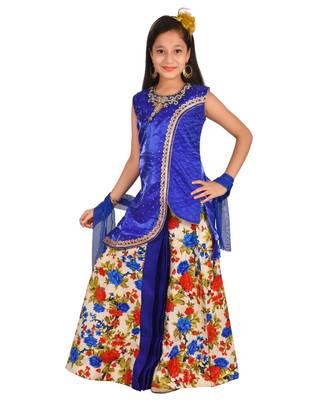 Blue Floral Print Plated Lehenga With Patch Work Choli And Net Dupatta 2