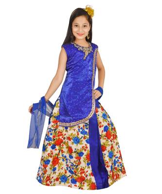 Blue Floral Print Plated Lehenga With Patch Work Choli And Net Dupatta 3