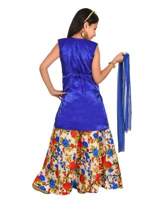 Blue Floral Print Plated Lehenga With Patch Work Choli And Net Dupatta 4