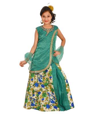 Sea Green Floral Print Plated Lehenga With Patch Work Choli And Net Dupatta 1