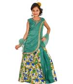 Sea Green Floral Print Plated Lehenga With Patch Work Choli And Net Dupatta
