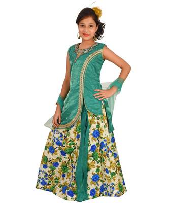 Sea Green Floral Print Plated Lehenga With Patch Work Choli And Net Dupatta 2