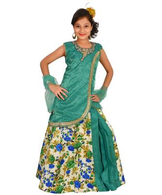 Sea Green Floral Print Plated Lehenga With Patch Work Choli And Net Dupatta 3