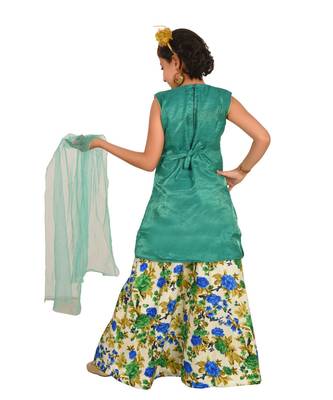Sea Green Floral Print Plated Lehenga With Patch Work Choli And Net Dupatta 4
