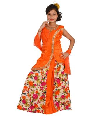 Orange Floral Print Plated Lehenga With Patch Work Choli And Net Dupatta 1