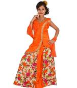 Orange Floral Print Plated Lehenga With Patch Work Choli And Net Dupatta