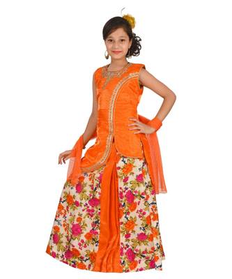 Orange Floral Print Plated Lehenga With Patch Work Choli And Net Dupatta 2