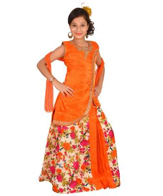 Orange Floral Print Plated Lehenga With Patch Work Choli And Net Dupatta 3
