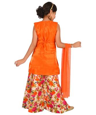 Orange Floral Print Plated Lehenga With Patch Work Choli And Net Dupatta 4
