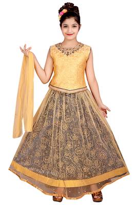 Navy Net Floral Print Lehenga With Golden Embroidered Choli And Net Dupatta 1
