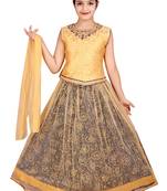 Navy Net Floral Print Lehenga With Golden Embroidered Choli And Net Dupatta