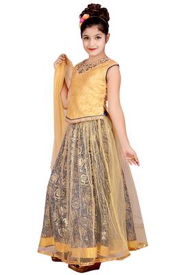 Navy Net Floral Print Lehenga With Golden Embroidered Choli And Net Dupatta 2