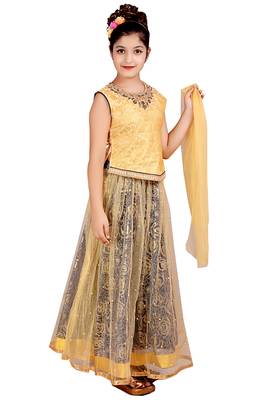 Navy Net Floral Print Lehenga With Golden Embroidered Choli And Net Dupatta 3