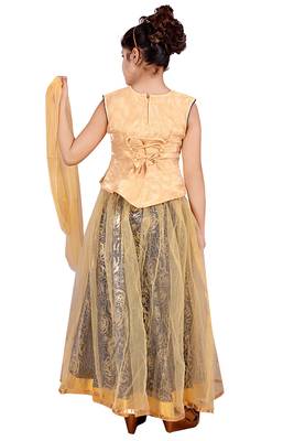 Navy Net Floral Print Lehenga With Golden Embroidered Choli And Net Dupatta 4