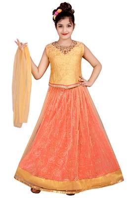 Light Orange Net Floral Print Lehenga With Golden Embroidered Choli And Net Dupatta 1