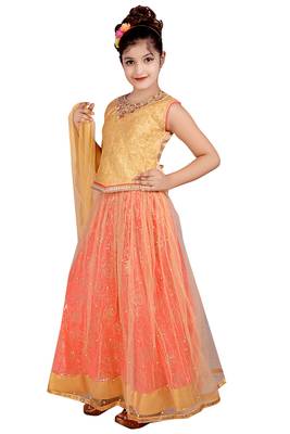 Light Orange Net Floral Print Lehenga With Golden Embroidered Choli And Net Dupatta 2