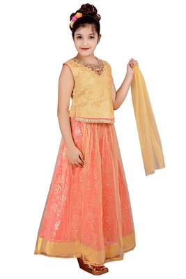 Light Orange Net Floral Print Lehenga With Golden Embroidered Choli And Net Dupatta 3
