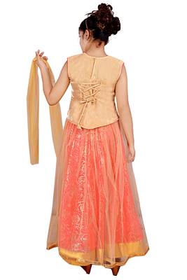 Light Orange Net Floral Print Lehenga With Golden Embroidered Choli And Net Dupatta 5
