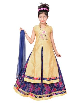 Blue And Pink Net Floral Print Lehenga With Golden Embroidered Long Choli And Net Dupatta 1