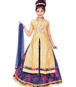 Blue And Pink Net Floral Print Lehenga With Golden Embroidered Long Choli And Net Dupatta