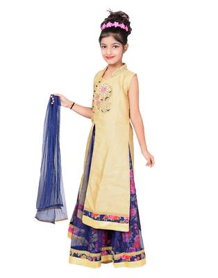 Blue And Pink Net Floral Print Lehenga With Golden Embroidered Long Choli And Net Dupatta 2
