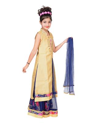 Blue And Pink Net Floral Print Lehenga With Golden Embroidered Long Choli And Net Dupatta 3