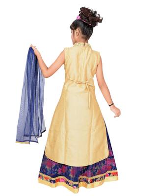 Blue And Pink Net Floral Print Lehenga With Golden Embroidered Long Choli And Net Dupatta 4