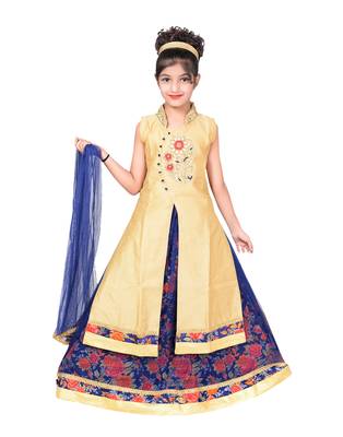 Blue And Red Net Floral Print Lehenga With Golden Embroidered Long Choli And Net Dupatta 1