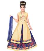 Blue And Red Net Floral Print Lehenga With Golden Embroidered Long Choli And Net Dupatta