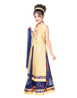 Blue And Red Net Floral Print Lehenga With Golden Embroidered Long Choli And Net Dupatta 2