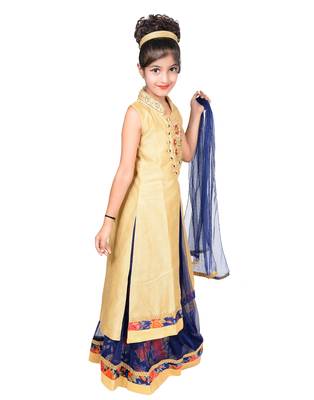 Blue And Red Net Floral Print Lehenga With Golden Embroidered Long Choli And Net Dupatta 3