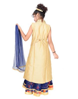 Blue And Red Net Floral Print Lehenga With Golden Embroidered Long Choli And Net Dupatta 5